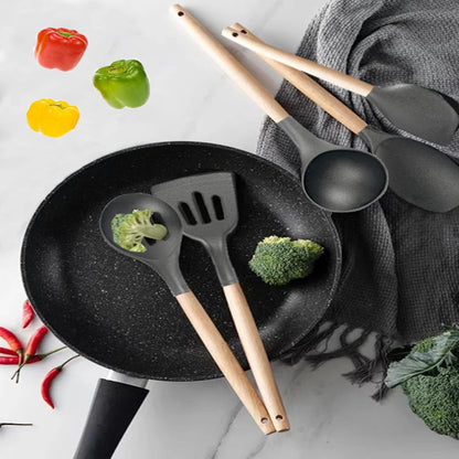 Non-Stick Silicone Cooking Utensils Set, 5 Pcs with Wooden Handle, Heat Resistant Silicone Kitchen Gadgets (Black)