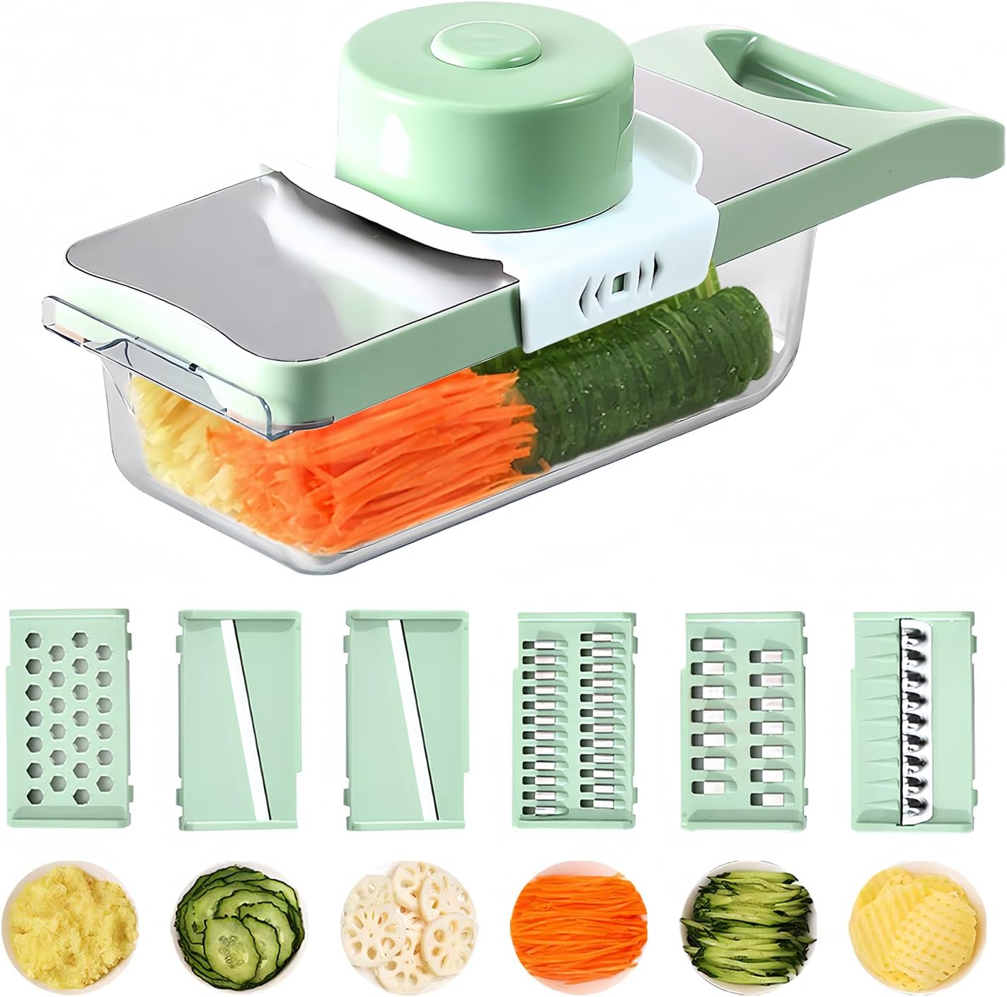 Vegetable Chopper, 7 in 1 Mandoline Food Slicer Cutter with Handheld Container, 6 Blades and Blade Box, Cheese Grater, Cucumber Slicer, Magnetic Kitchen Tools for Veggie Potato Onion Butter Carrot