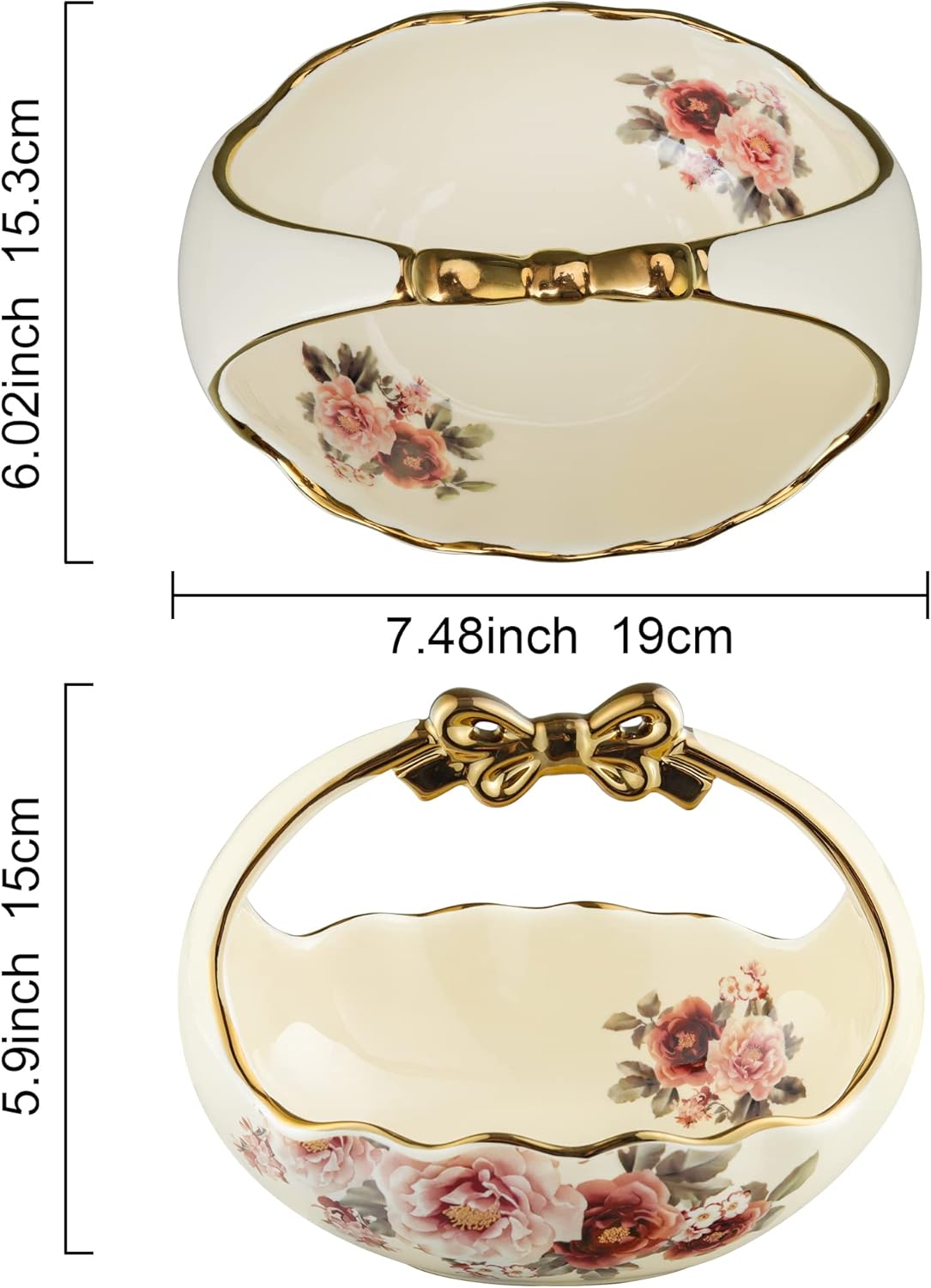 fanquare 3 Compartment Platter, Gold Porcelain Appetizer Serving Tray, Floral Ceramic Divided Serving Plate for Fruit, Candy, Nuts