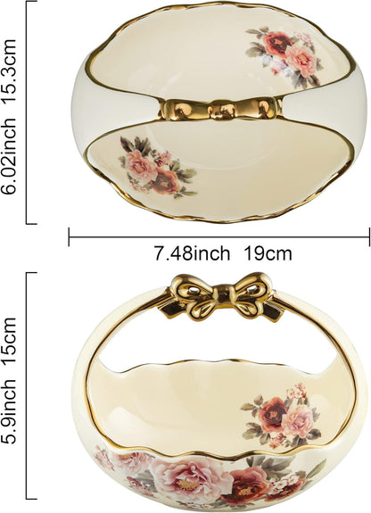fanquare 3 Compartment Platter, Gold Porcelain Appetizer Serving Tray, Floral Ceramic Divided Serving Plate for Fruit, Candy, Nuts