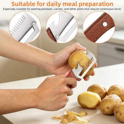 2 Pack Multi-Functional Vegetable Peeler, 3-in-1 Stainless Steel Peeler Shredder with Bottle Opener, Multifunctional Vegetable and Fruit Slicing Knife with Wooden Handle for Kitchen