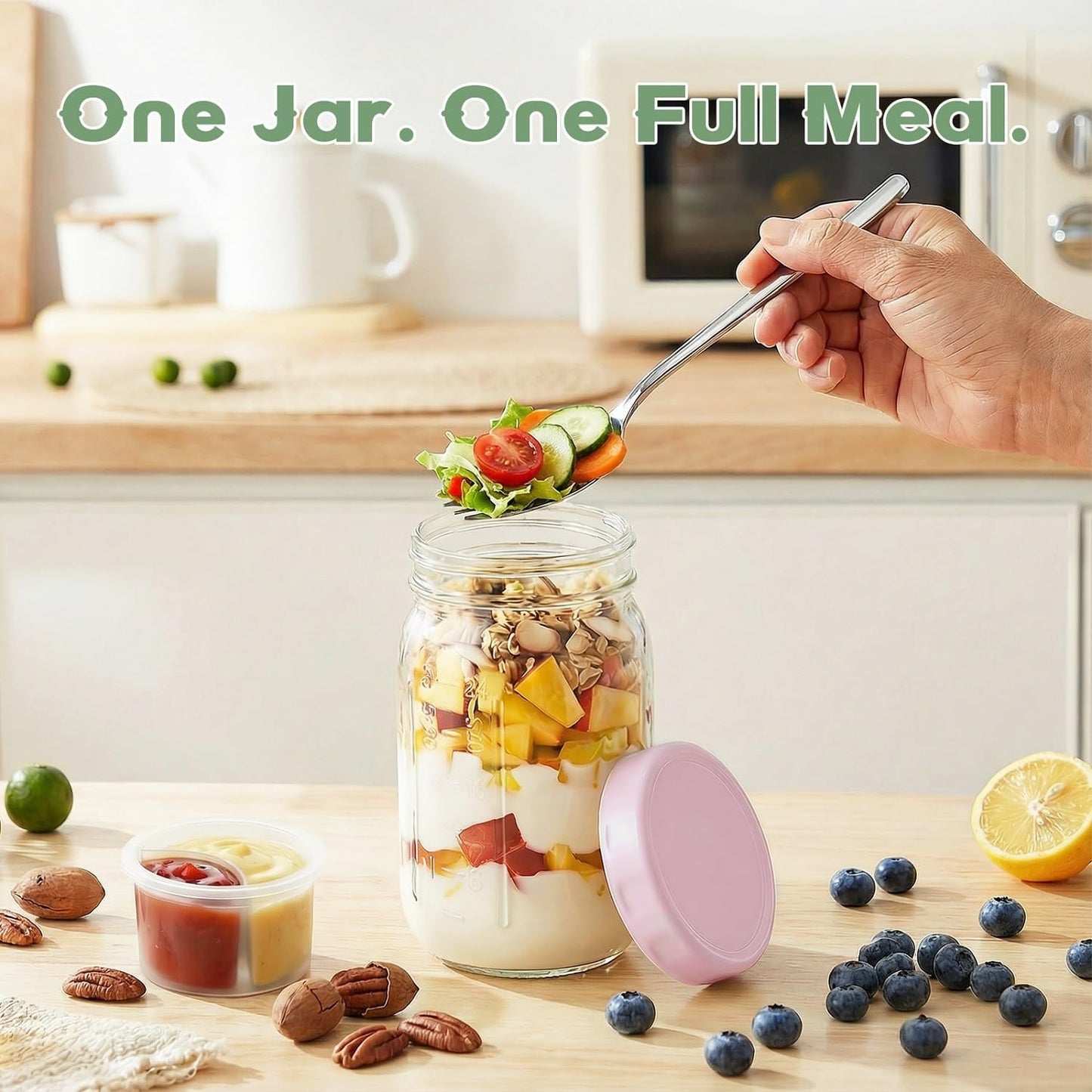 Overnight Oats Containers with Lids and Spoons - 4 Pack 16 oz Glass Mason Jars with Separate Compartments Airtight Overnight Oat Jars Leakproof Yogurt Parfait Cup for Oatmeal Chia Pudding Cereal Salad