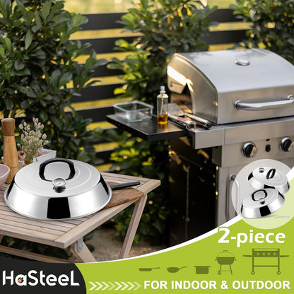HaSteeL Cheese Melting Dome Set of 2, 12 Inch Round Basting Cover Metal Steam Cover, Stainless Steel Griddle Accessories for Flat Top Grill/Outdoor BBQ/Kitchen Cooking