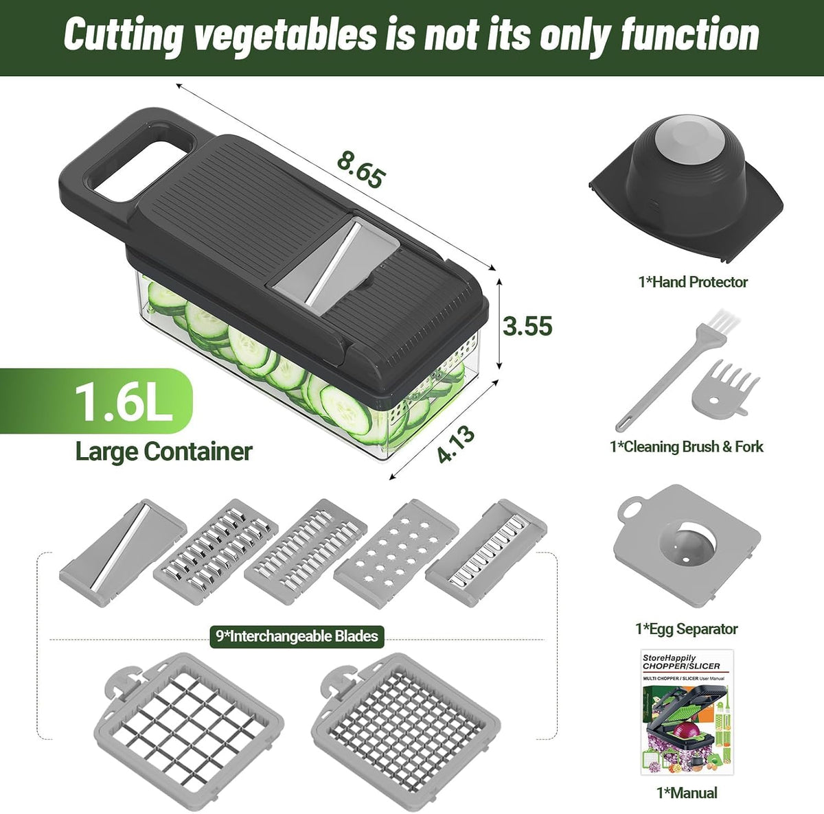 12-in-1 Vegetable Chopper 7 Blades, Veggie Cutter with Handle, Black/White