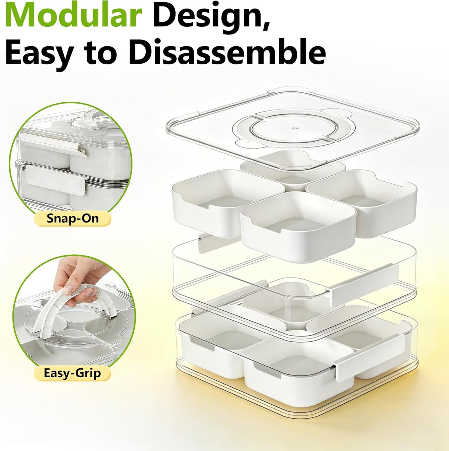 IVYHOME 2-Tier Stackable Snackle Box Container, Veggie Tray with Lid for Fridge, Divided Serving Tray, BPA-Free Plastic Food Organizer for Fruit, Spices, Portable for Picnic, Party, Kitchen Countertop