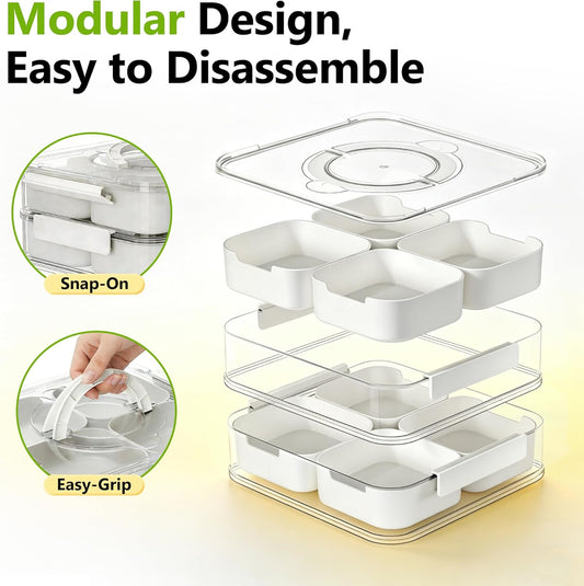 IVYHOME 2-Tier Stackable Snackle Box Container, Veggie Tray with Lid for Fridge, Divided Serving Tray, BPA-Free Plastic Food Organizer for Fruit, Spices, Portable for Picnic, Party, Kitchen Countertop