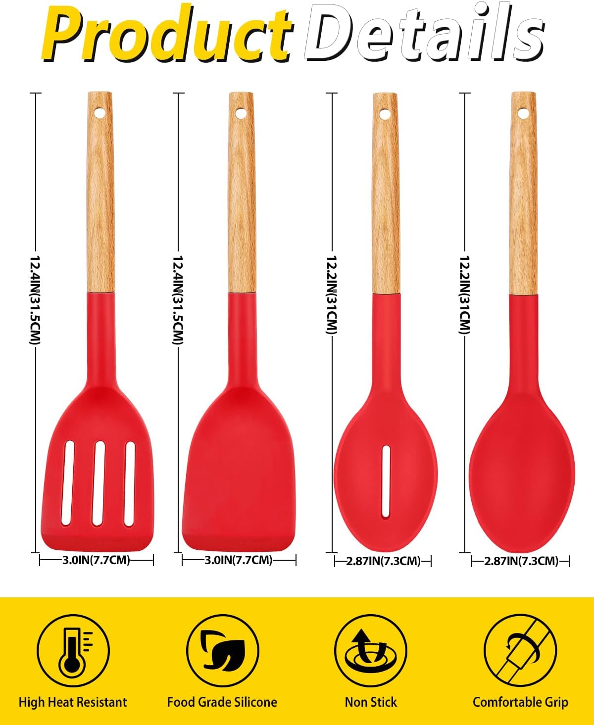 Pack of 4 Silicone Cooking Utensils Set, Non Stick Solid Spatulas and Heat Resistant Slotted Spoons with Wooden Handle, Ideal Wood Kitchen Utensils Set for Frying,Serving,Turning,Stirring (KHAKI)