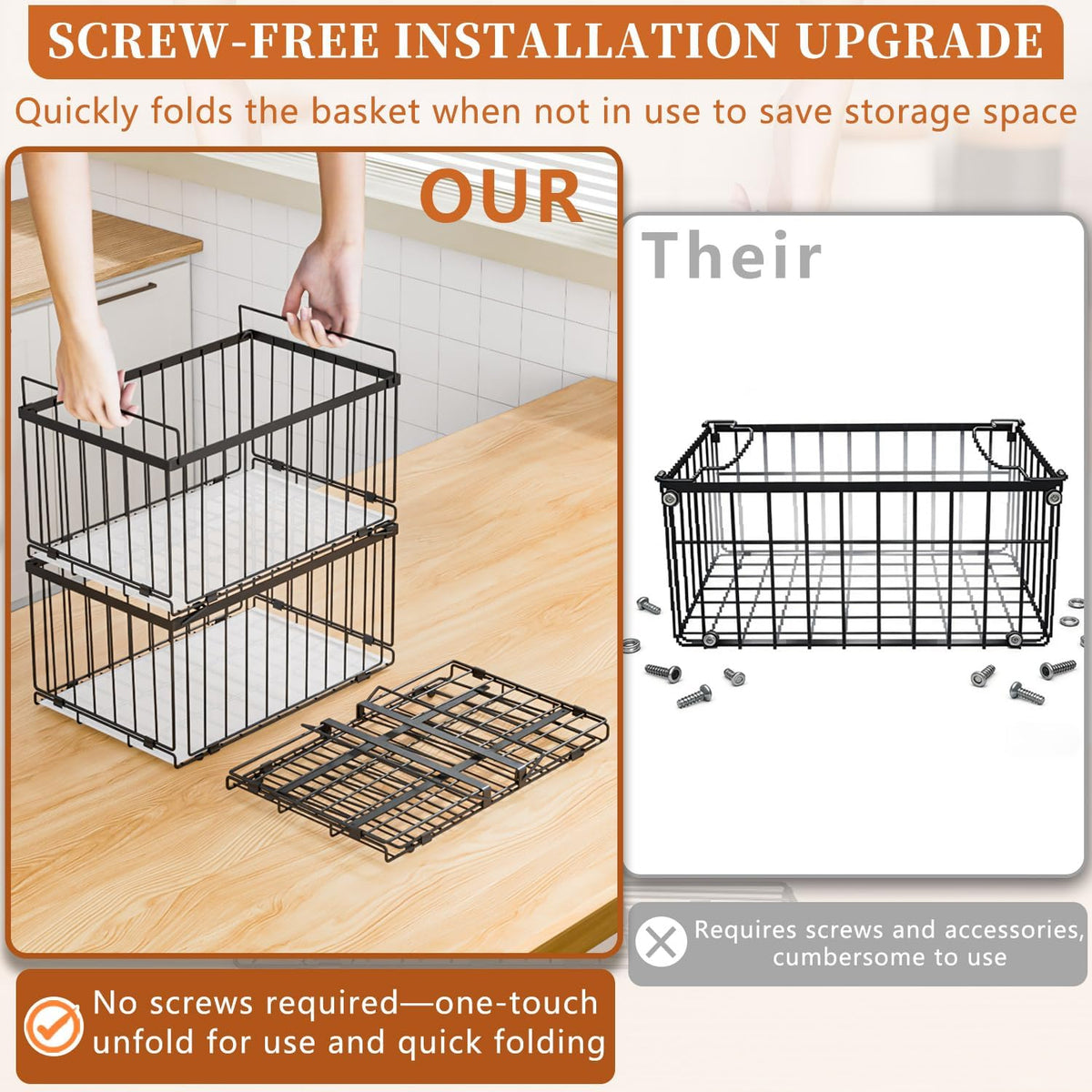 Large Freezer Organizer Bins, Upgrade Quick Expand/Collapse Feature, for 5-9 Cu.Ft Deep Freezer, 3 Pack Stackable Deep Freezer Organizer Bins, Black Wire Foldable Baskets (Black 3 Pack)