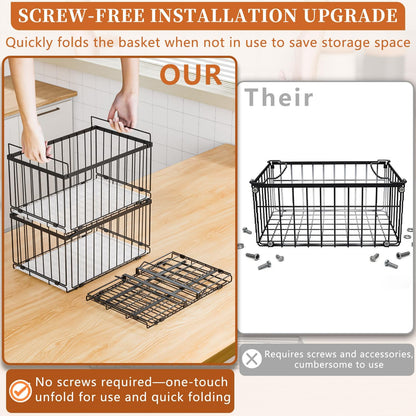 Large Freezer Organizer Bins, Upgrade Quick Expand/Collapse Feature, for 5-9 Cu.Ft Deep Freezer, 3 Pack Stackable Deep Freezer Organizer Bins, Black Wire Foldable Baskets (Black 3 Pack)