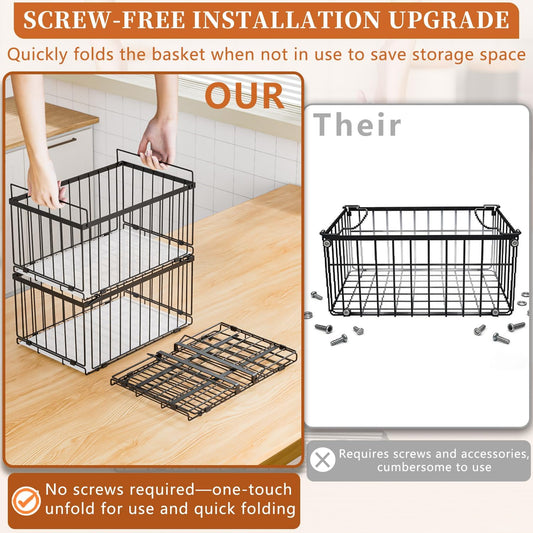 Large Freezer Organizer Bins, Upgrade Quick Expand/Collapse Feature, for 5-9 Cu.Ft Deep Freezer, 3 Pack Stackable Deep Freezer Organizer Bins, Black Wire Foldable Baskets (Black 3 Pack)