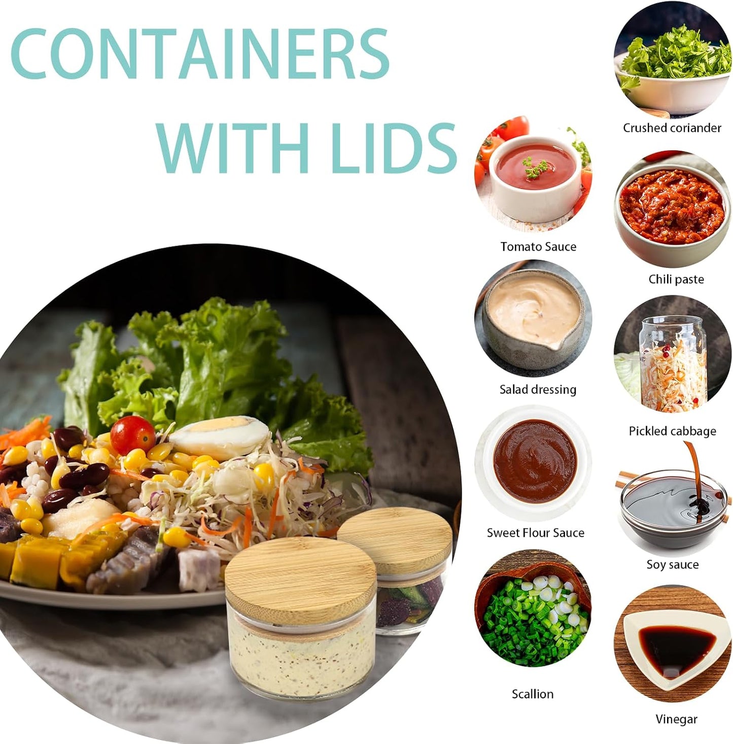 3.4 oz Double Compartment Condiment Container with Bamboo Lids, Leakproof Reusable Salad Dressing Container to Go 3 Pack Dip Sauce Cups for Lunch Box, Picnics,Travel Meal Prep, Kitchen Storage