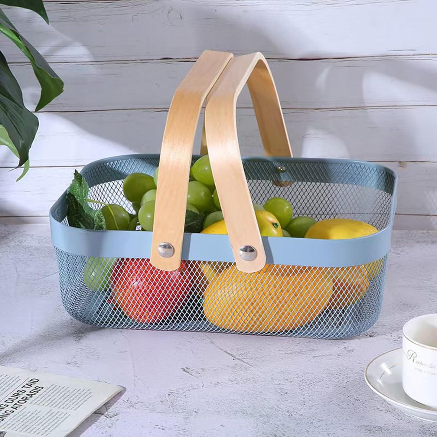 AJIODA Metal Mesh Steel Basket, Storage Organizer Basket Garden Harvest Basket Multi-functional Kitchen Fruit Baskets Bin with Wooden Handle for Bathroom Picnic Shopping Decor Cabinet Home, Pink