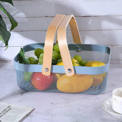 AJIODA Metal Mesh Steel Basket, Storage Organizer Basket Garden Harvest Basket Multi-functional Kitchen Fruit Baskets Bin with Wooden Handle for Bathroom Picnic Shopping Decor Cabinet Home, Pink