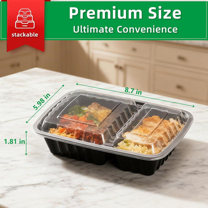 Meal Prep Containers 2 Compartment 15 Pack, 28 oz Divided Reusable Food Storage Containers with Lids Takeout Food Storage Containers Black, Microwave Dishwasher Freezer Safe, Stackable, BPA Free