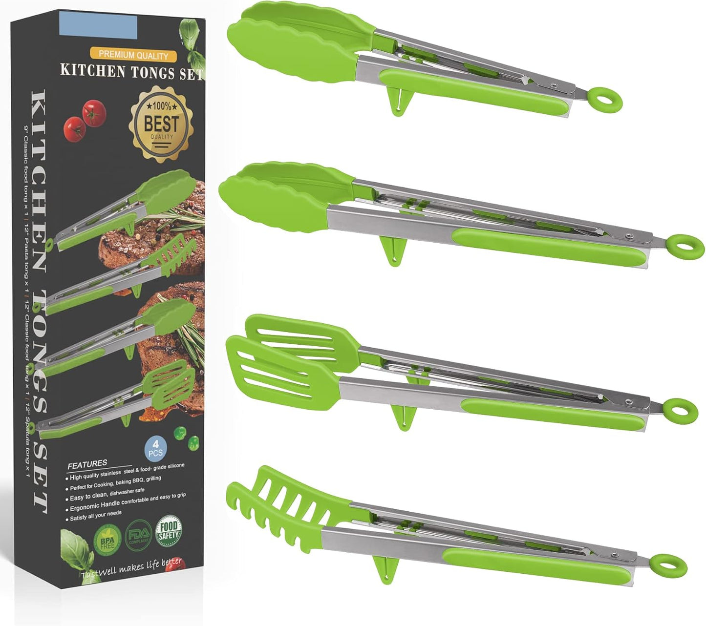 4in1 Stainless Steel Kitchen Food Tongs Set for Cooking with Silicone Tips, Toaster Steak Pie Pizza Pasta Spaghetti Noodles Salad Fruit Vegetable Grill BBQ Buffet Clamp Serving Tools Gadgets