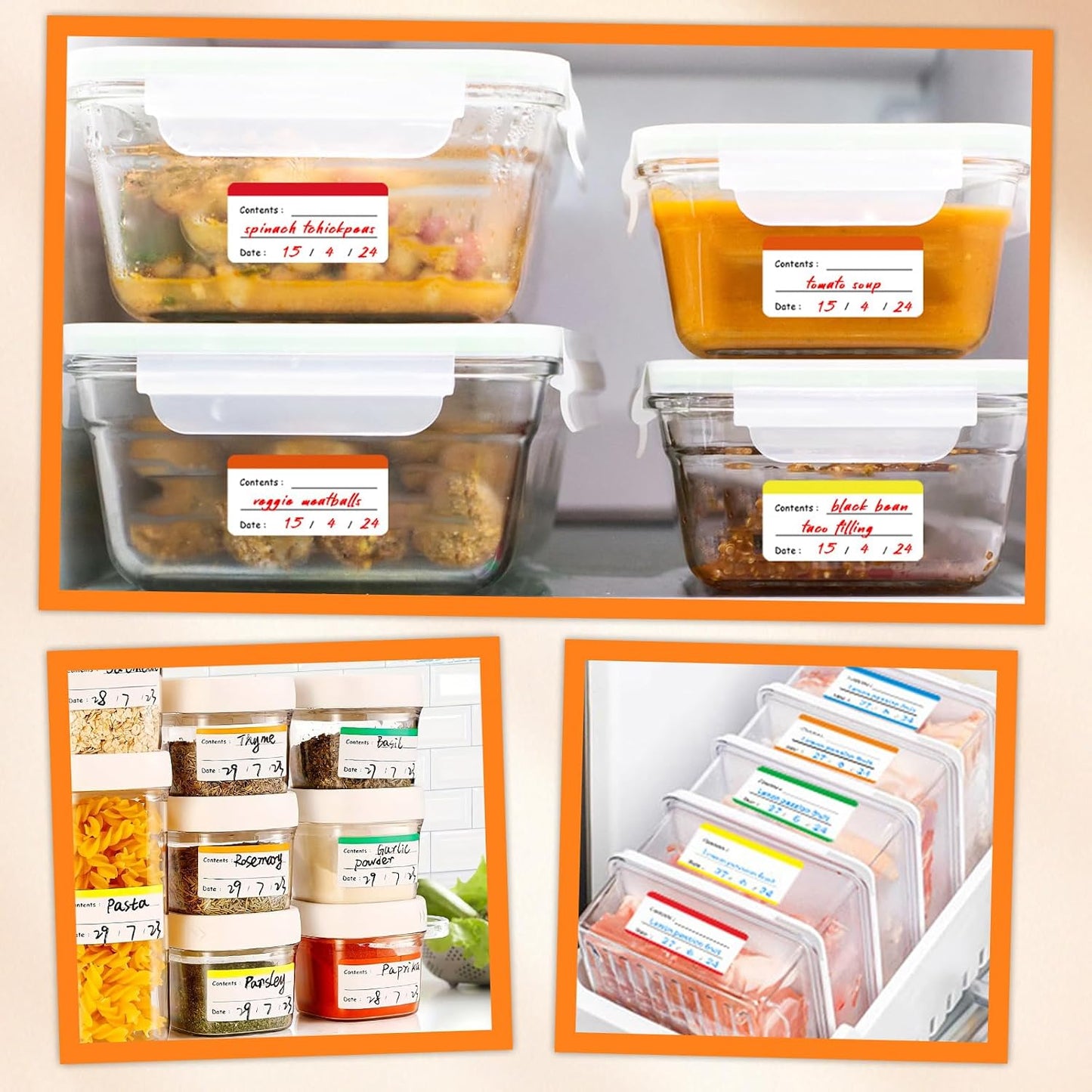 100Pcs Food Storage Labels, Removable Labels, Writable Kitchen Stickers Easy Clean, Color-Coded Blank Date Label for Containers, Meal Prep, Jar