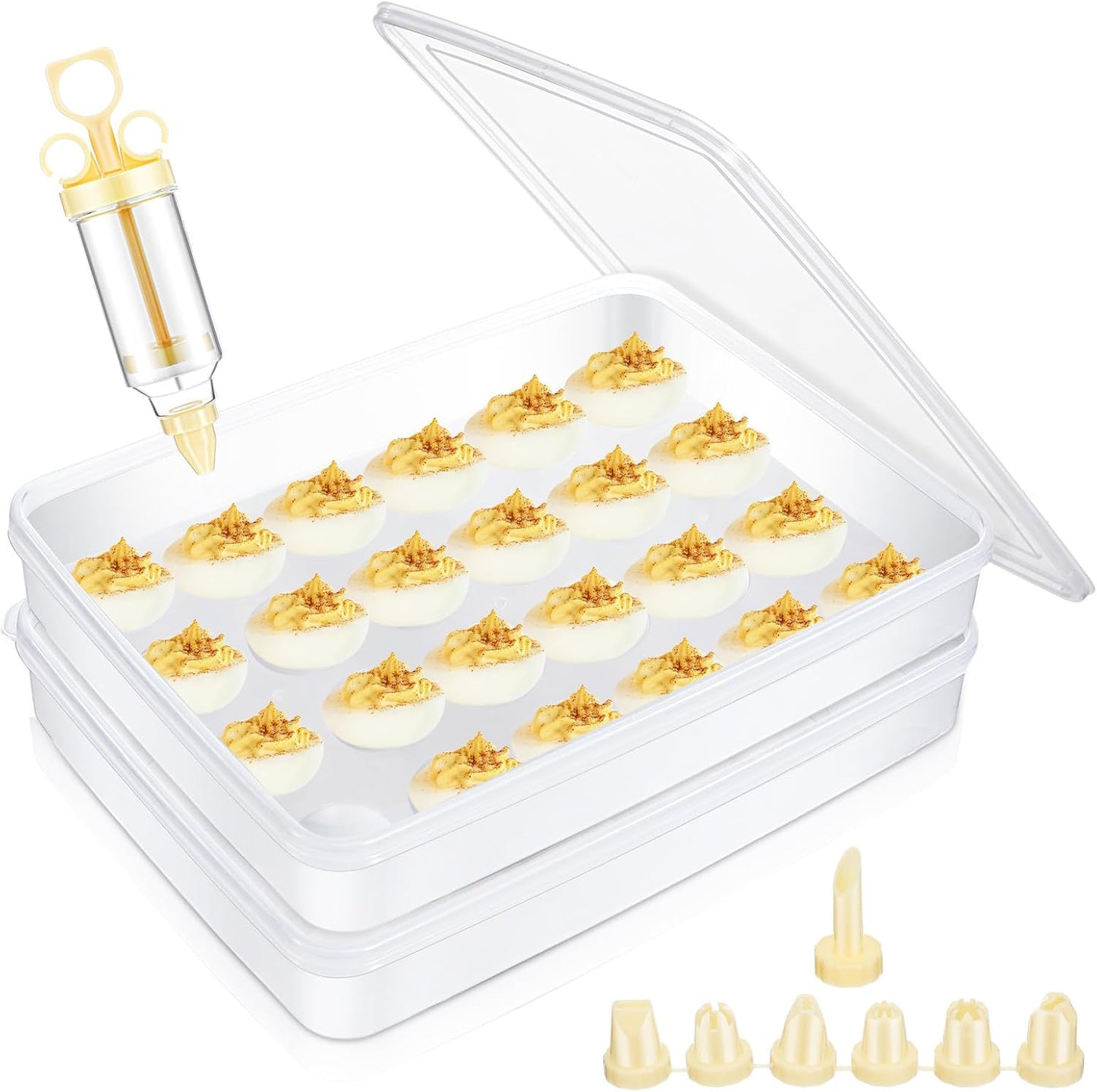 Deviled Egg Carrier with Syringe Stackable Stackable Clear Holder with Lid for Refrigerator Portable 48 Eggs Dispenser Storage Containers Tray(Without Handle)