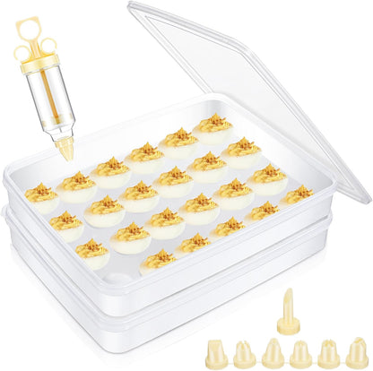 Deviled Egg Carrier with Syringe Stackable Stackable Clear Holder with Lid for Refrigerator Portable 48 Eggs Dispenser Storage Containers Tray(Without Handle)