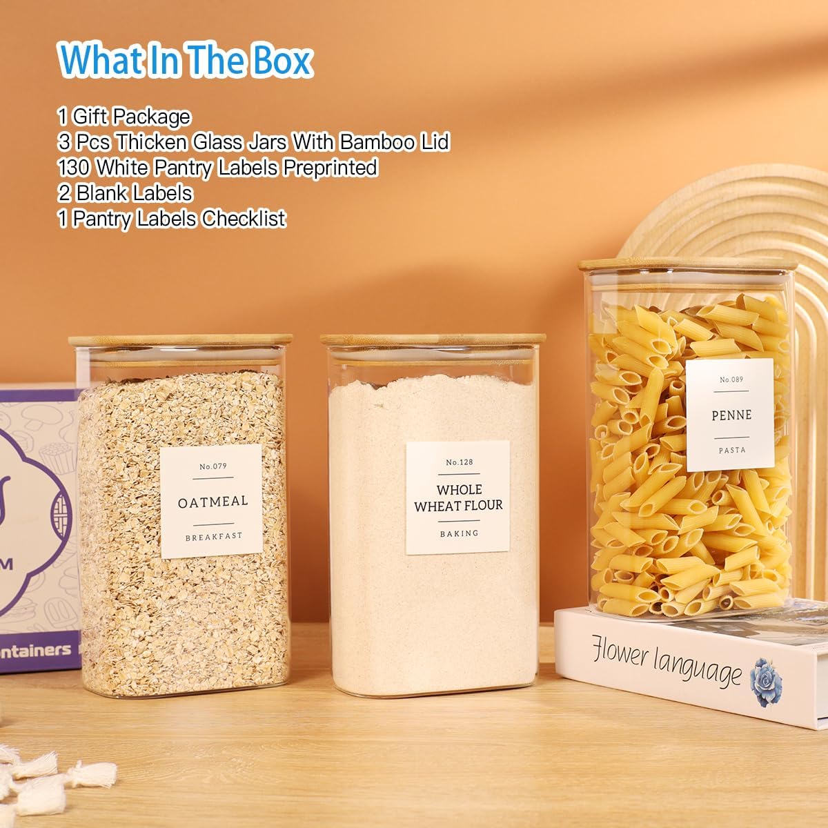 2 Pack large Square Glass Flour and Sugar Containers with 132 Kitchen Pantry Labels - 149 floz & 71 floz - Glass Jars with Airtight Bamboo Lid - Glass Rice Canisters for Coffee, Pasta, Cookie, Cereal