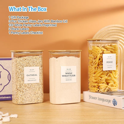 2 Pack large Square Glass Flour and Sugar Containers with 132 Kitchen Pantry Labels - 149 floz & 71 floz - Glass Jars with Airtight Bamboo Lid - Glass Rice Canisters for Coffee, Pasta, Cookie, Cereal
