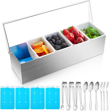 Mifoci 1 Pack Stainless Steel Chilled Condiment Server 6 Removable Slot Toppings Containers with Lid and Bottom Ice Bar Garnish Tray with 9 Silverwares 4 Ice Boxes for Christmas Party, Events and Bar