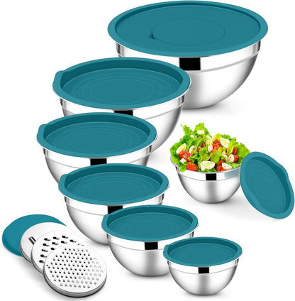 E-far Stainless Steel Mixing Bowls with Lids Set, 5-Piece Nesting Salad Bowls with 3 Grater Attachments and Non-Slip Bottoms, Size 4.6, 2.6, 2, 1.5, 1QT for Kitchen (Khaki)