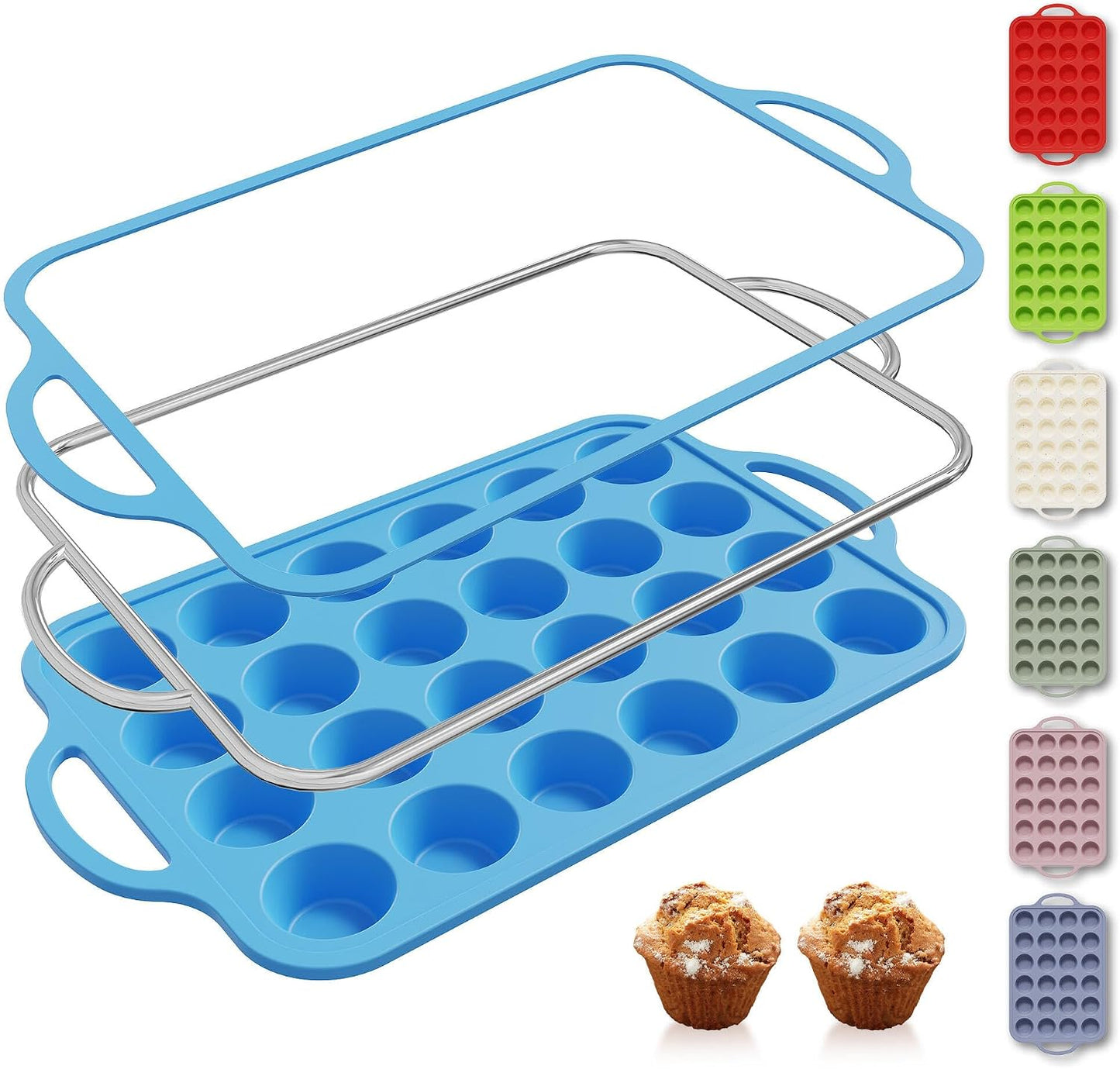 2 Packs 12 Cups Silicone Muffin Pan for Baking with Metal Reinforced Frame Regular Size Cupcake Pan Tray Egg Bites Silicone Cookie Molds Muffin Tin Tart Pans Sheet Set for Oven Dishwasher Safe