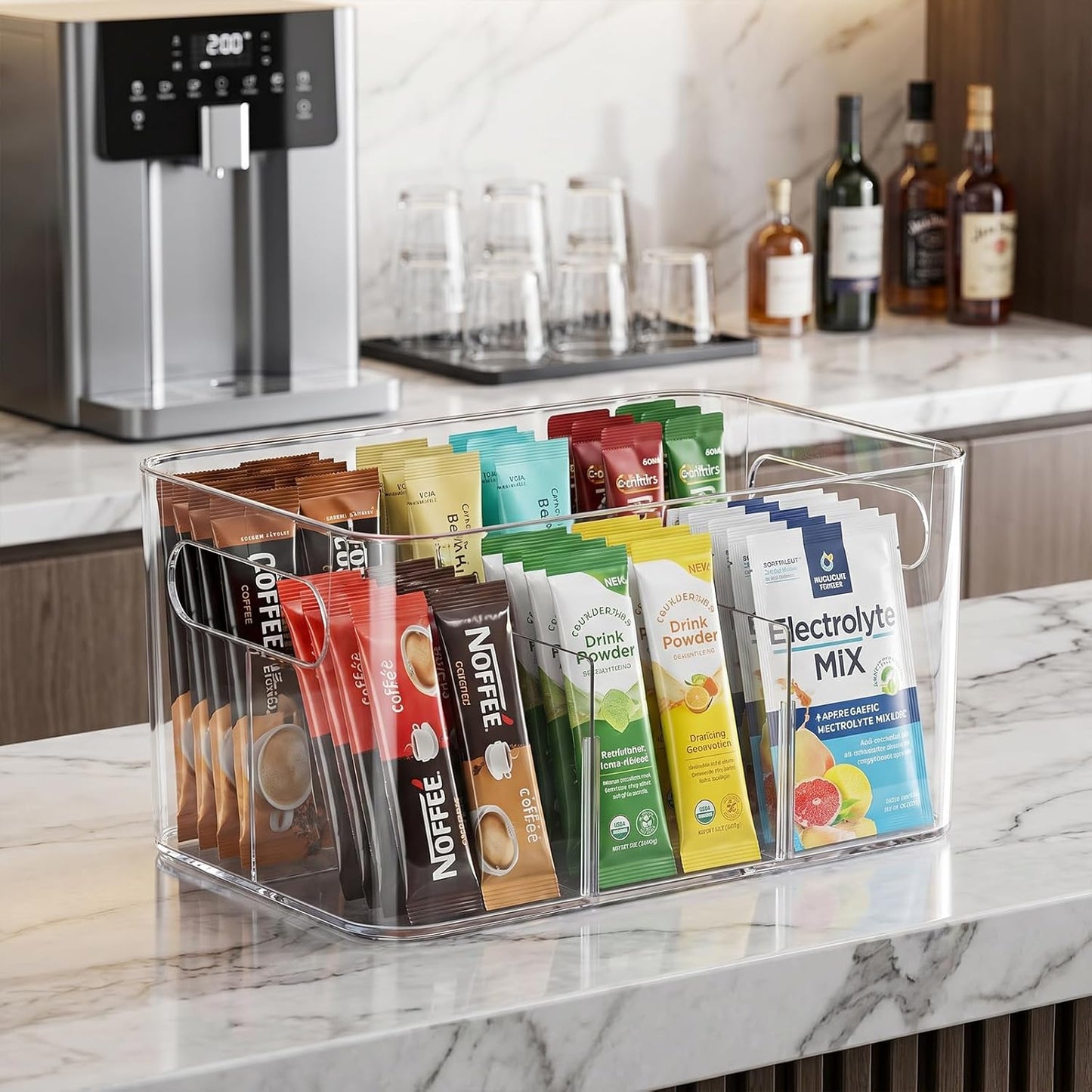 Drink Packet Organizer, Powder Packet with handle,Powdered Drink Mix,Acrylic Water Flavor Packet Organization Container with Removable Dividers for Storage Bins for Kitchen, Pantry, Office
