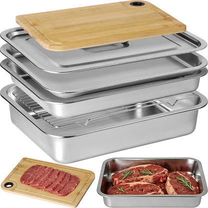 Lineslife 6pcs Grill Prep and Serve Trays, Stainless Steel Marinade Container with Lid, Grill Carry System Cutting Board for Outdoor Cooking BBQ Grill Accessories, Grilling Gift for Grill Lovers