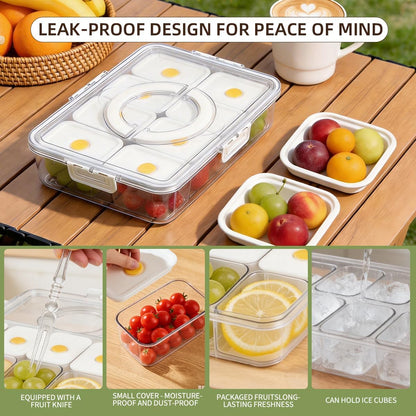Premium Leak-Proof Snackle Box Container with 8 Clear Compartments & 8 Airtight Lids | Portable Clear Snack Tray with Lid & Handle | Divided Serving Tray for Fruits, Snacks, Sauces, Veggie & More
