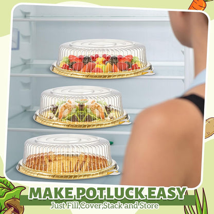 Tessco for you 12 Pack Heavy Duty Repeatedly Plastic Serving Tray with Lid and 24 Pcs Deli Wax Paper Sheets Sets Large Party Platters with Clear Lids Stackable Round Food Serving Trays (Black,16inch)