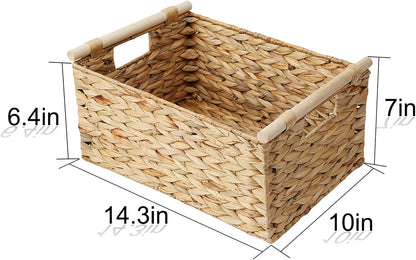 Water Hyacinth Woven Storage Basket, Rectangular Wicker Basket with Handle | Wooden Handle, Natural Water Hyacinth, Handwoven, Living room, bedroom, bathroom, shelf, utility room, towels, magazines