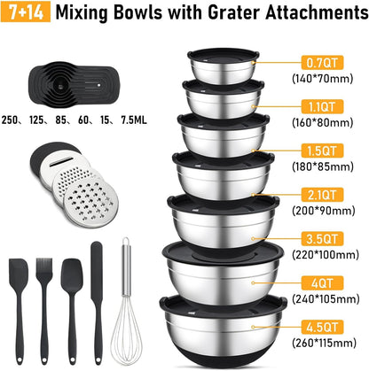 Unokit Mixing Bowls with Lids Set - 7 Pcs Stainless Steel Mixing Bowls Non-Slip Silicone Base Mixing Bowl Set for Kitchen with 3 Grater Attachments
