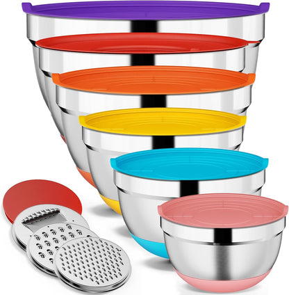 9 Pack Mixing Bowls with Airtight Lids & Grater Attachments, Khaki