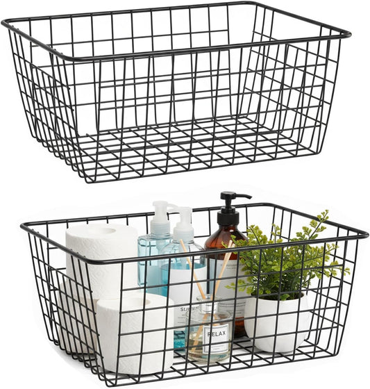 Metal White Wire Basket,Food Storage Organizer with Wooden Handles, pantry organizers and storage for Organizing Kitchen Cabinets potato onion, 2 Packs