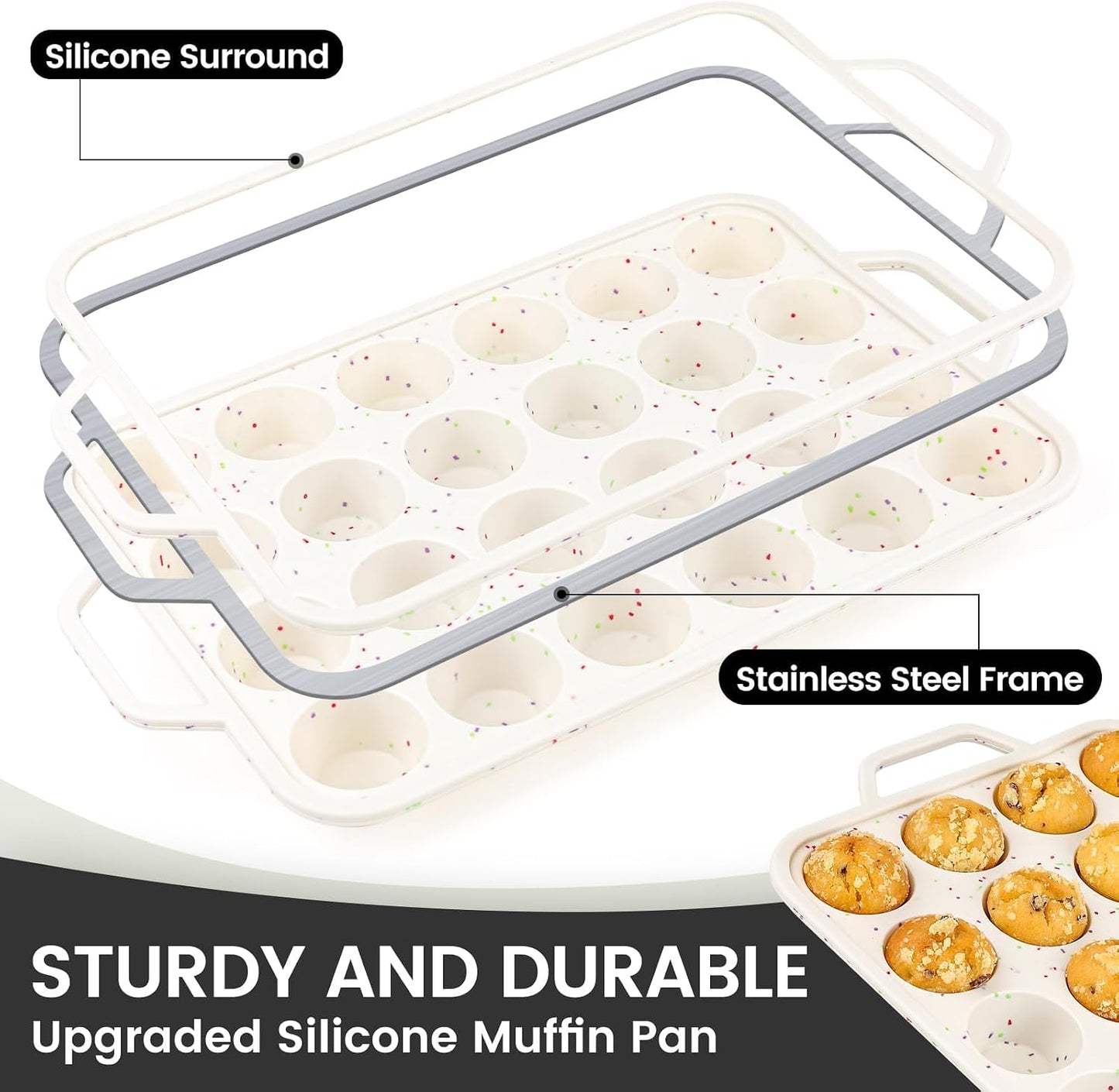 Vinino 2Pack Silicone Muffin Pan for Baking with Metal Reinforced Frame, 12 Cup Regular Size Cupcake Pan, BPA Free Silicone Muffin Tray, Cupcake Baking Pan Bite Molds for Oven Dishwasher Safe
