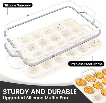 Vinino 2Pack Silicone Muffin Pan for Baking with Metal Reinforced Frame, 12 Cup Regular Size Cupcake Pan, BPA Free Silicone Muffin Tray, Cupcake Baking Pan Bite Molds for Oven Dishwasher Safe