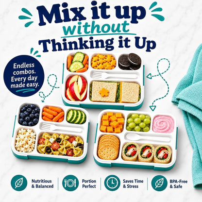 kinsho Lunch Box for Kids Boys Girls - Bento Box Set with Insulated Bag and Ice Pack, 6 Compartment Leak Proof Food Container, BPA-Free, Microwave Safe, Ideal for School & Work, Teal