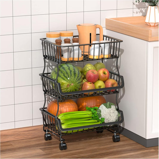 Gsiekare Fruit Vegetable Basket for Kitchen, 5 Tier Stackable Fruit Vegetable Storage Baskets with Wheels, Metal Wire Storage Basket Organizer Baskets for Kitchen, Pantry, Bathroom