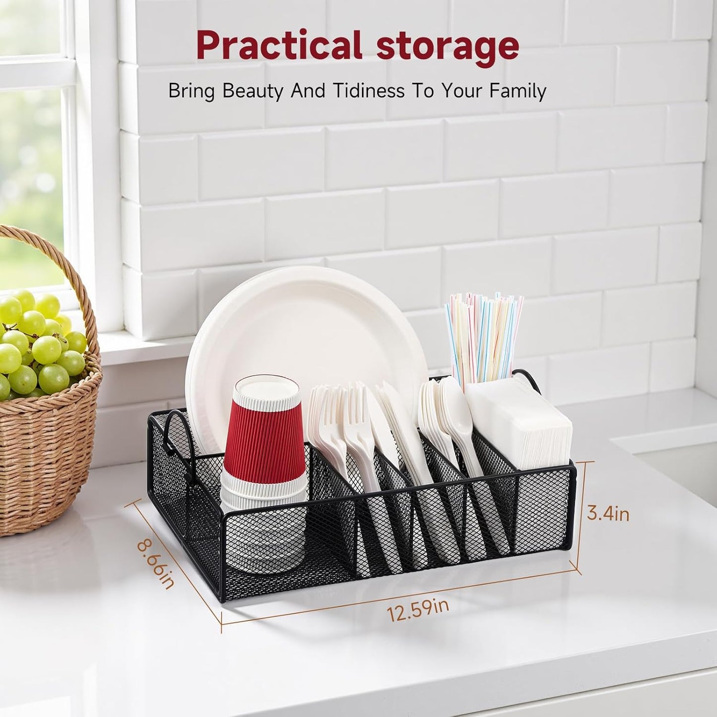 Utensil Caddy for Party - Paper Plate Holder ,Silverware Caddy Utensil Holder Paper plate Organizer with 6 Compartments for Party, Camping, Picnic