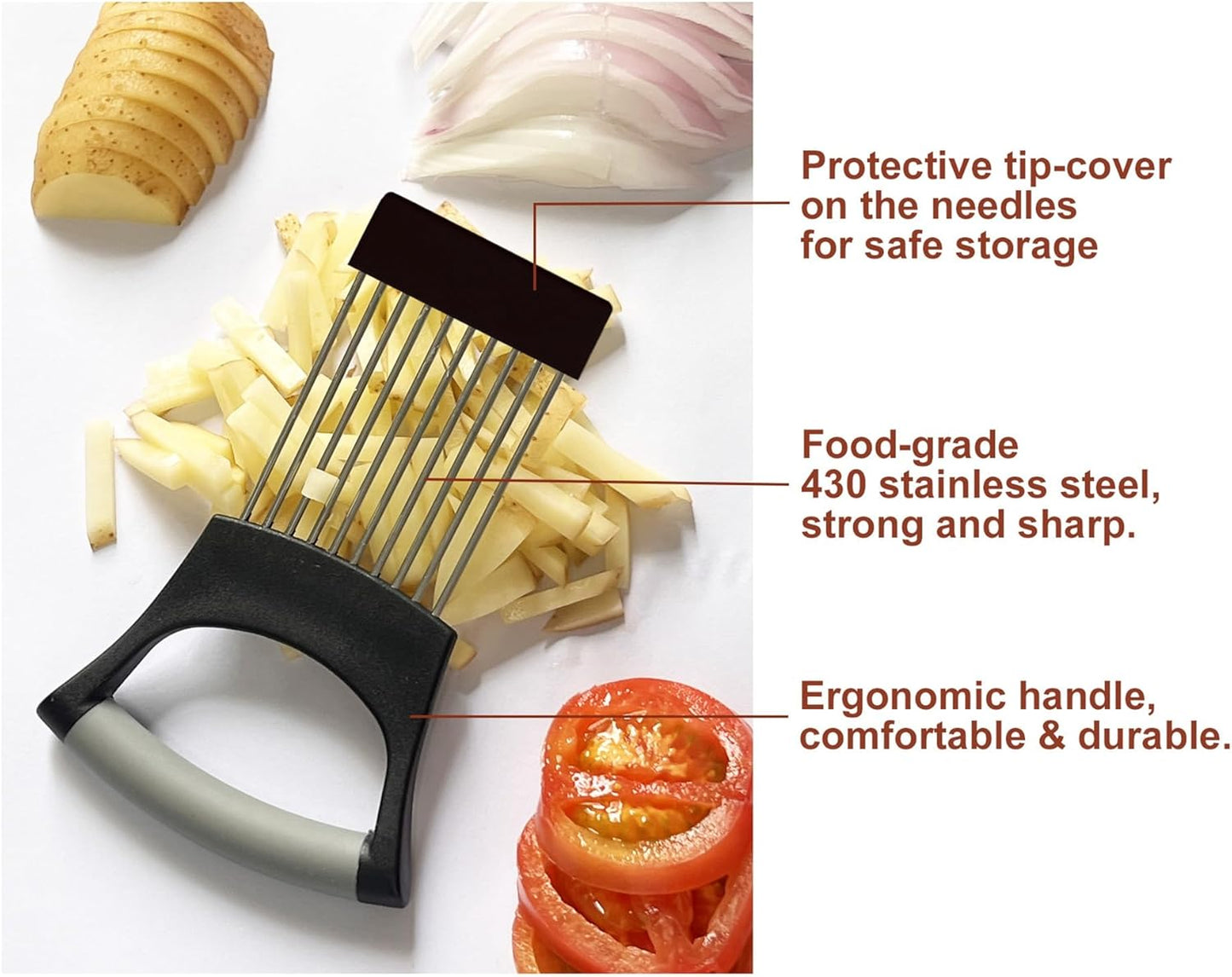 Onion Holder for Slicing | Non-Slip TPR Handle, Safe Storage Tip Cover, Multi-Purpose Food Slicer Assistant Tool