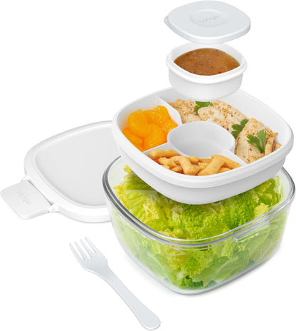 Bentgo Glass Salad Container - 7.6-Cup Salad Bowl with Airtight Lid, Leak-Proof Sauce Container, 4-Compartment Bento Tray & Reusable Fork - BPA-Free for Meal Prep, Office & More (Light Blue)