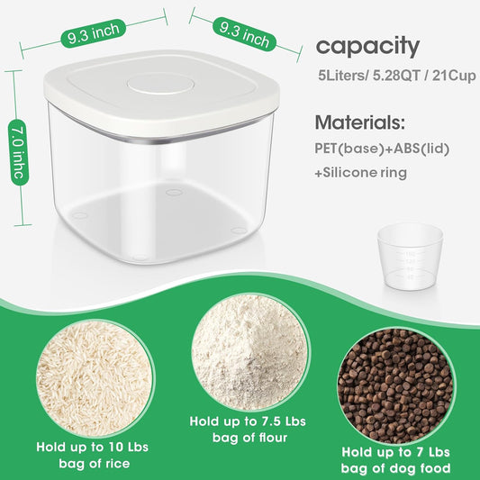 TBMax Large Airtight Food Container 5.28 Qt with Pop Up Lid & Measuring Cup, Ideal for 10 Lbs of Rice or 7 Lbs of Flour, Square Short Food Storage Bin for Kitchen Pantry and Drawer Organization
