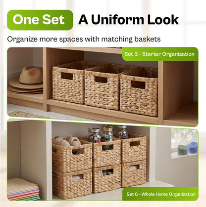 Water Hyacinth Storage Baskets Set of 2 with Handles, Rectangular Storage Baskets for Shelves, Open-Top Wicker Shelf Baskets for Closet, Bathroom, Pantry & Home Organization