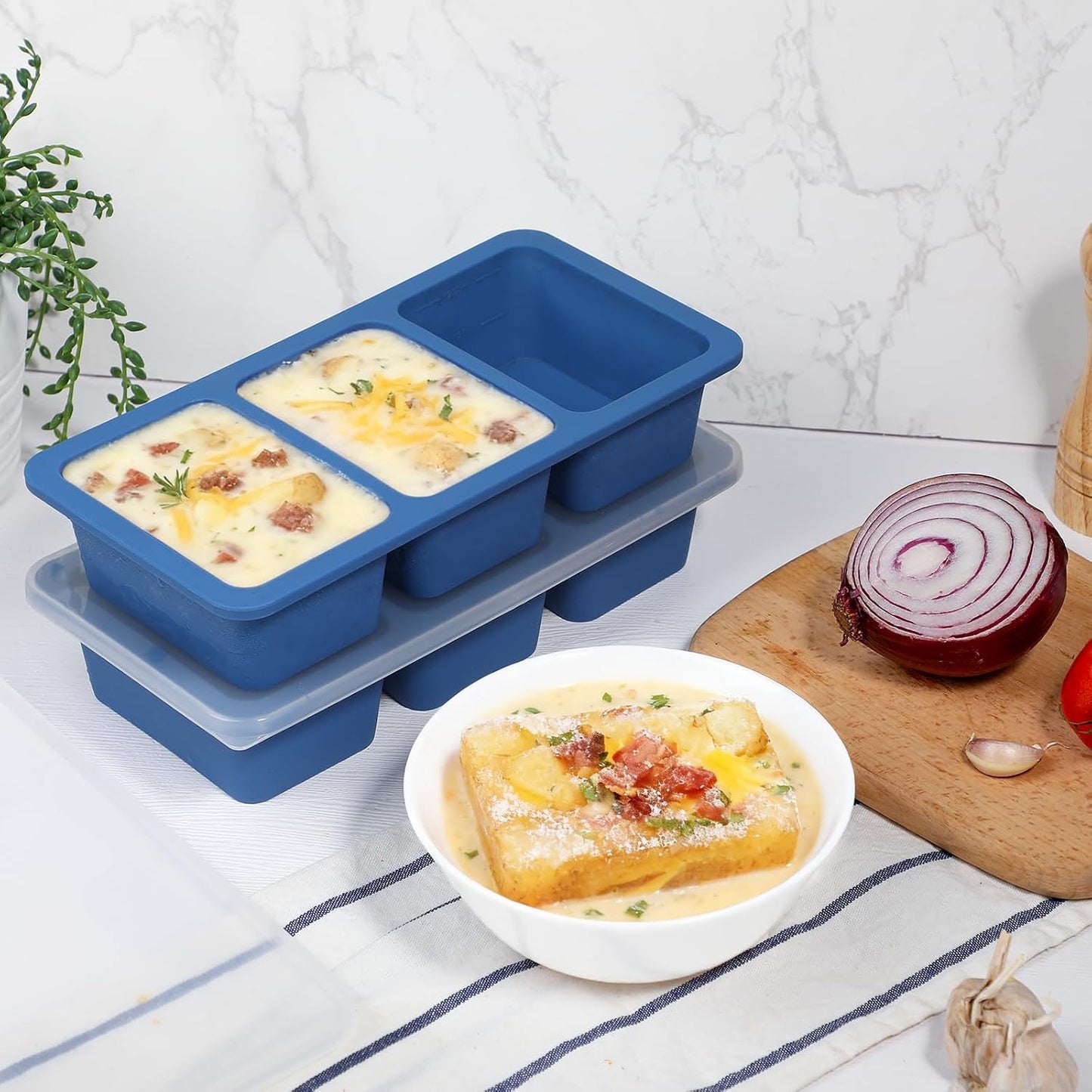 Koluti 2-Pack Nonstick Silicone 3 Soup Freezer Mold, 1-Cup Large Sauce Ice Tray with Plastic Lid, Stackable Freezing Maker Meal Prep Food Storage Container, Dishwasher Safe & BPA Free