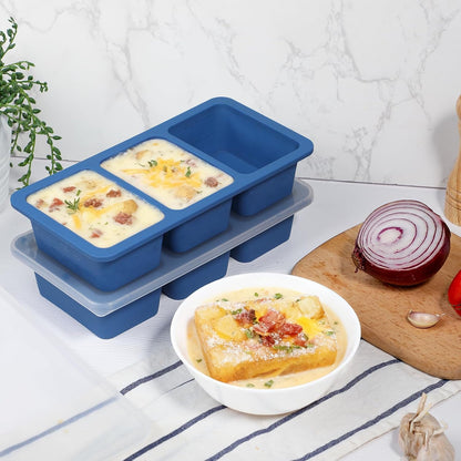 Koluti 2-Pack Nonstick Silicone 3 Soup Freezer Mold, 1-Cup Large Sauce Ice Tray with Plastic Lid, Stackable Freezing Maker Meal Prep Food Storage Container, Dishwasher Safe & BPA Free