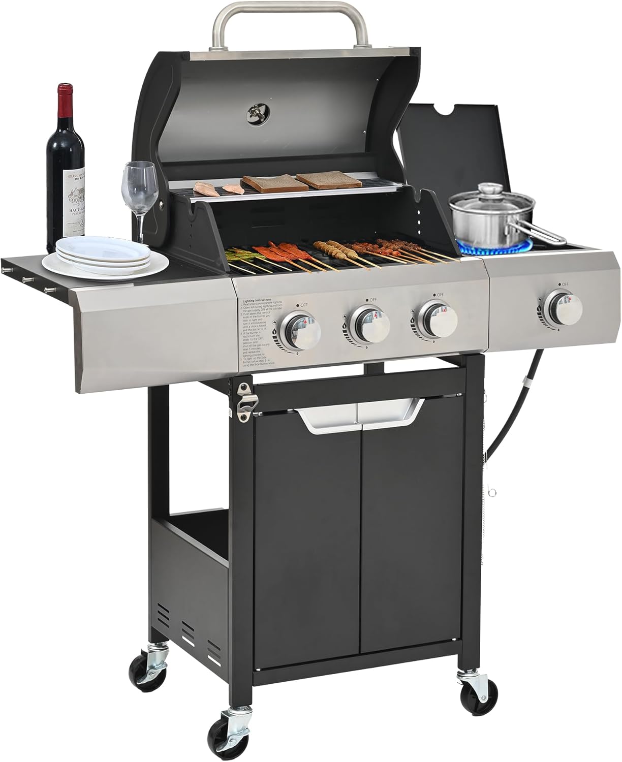 3-Burner Propane Gas Grill, 30,000 BTU Stainless Steel Outdoor BBQ Grill with Lid, Side Shelves & Wheels for Patio, Garden and Backyard Cooking