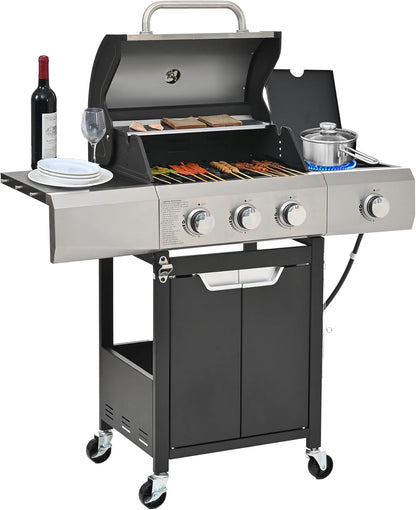 3-Burner Propane Gas Grill, 30,000 BTU Stainless Steel Outdoor BBQ Grill with Lid, Side Shelves & Wheels for Patio, Garden and Backyard Cooking