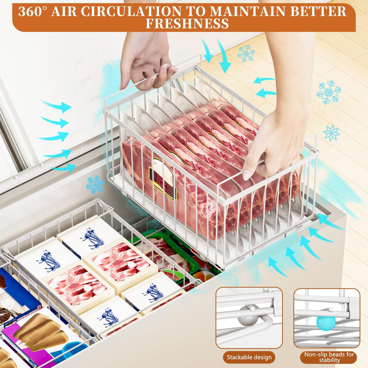 Large Freezer Organizer Bins, Upgrade Quick Expand/Collapse Feature, for 5-9 Cu.Ft Deep Freezer, 3 Pack Stackable Deep Freezer Organizer Bins, Black Wire Foldable Baskets (Black 3 Pack)