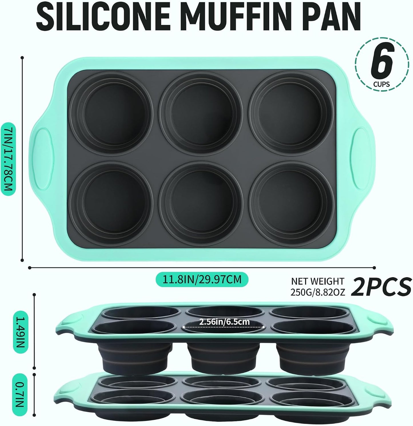 Muffin Pans for Baking 6 Cups, Silicone Foldable Muffin Pan with Metal Frame, Collapsible Cupcake Pan, Egg Bite Molds, Muffin Tin Tray for Baking Homemade Brownies Puddings (2)